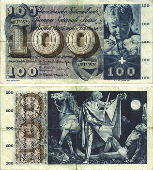 Швейцария 100 франков 1965 23 декабря 1965, серия 47 U, подпись 39 Pick 49 h бумага 8606-21-1-1