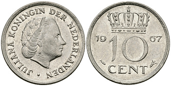 НИДЕРЛАНДЫ 10 ЦЕНТОВ 1967 ЮЛИАНА KM 182 никель 96-463