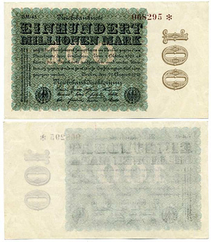 ГЕРМАНИЯ 100000000 МАРОК (СТО МИЛЛИОНОВ) 1923 22 АВГУСТА 1923, ВОДЯНОЙ ЗНАК Е, G/D В ЗВЁЗДАХ, КОРИЧНЕВЫЙ НОМЕР, СЕРИЯ ВМ-43 Pick 107d, Rosenberg 106l бумага XF 8613-4-2-1