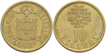 ПОРТУГАЛИЯ 10 ЭСКУДО 1986 KM 633 никель латунь 4523-535