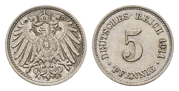 Германия 5 пфеннигов 1911 G, Вильгельм II (1888-1918) KM 11, J. 12 медно-никель 4636-245