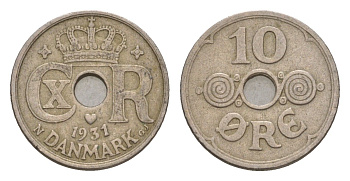 Дания 10 эре 1931 N, Кристиан X (1912-1947) KM 822 медно-никель 4658-269