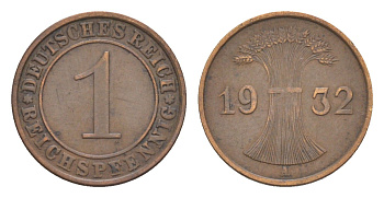 Германия 1 рейхспфенниг 1932 A KM 37, J. 313 бронза 4644-1045