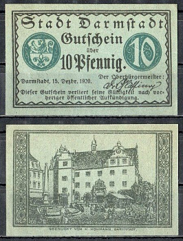Дармштадт (Гессен) 10 пфеннигов 1920 Mehl Grabowski D5.5 бумага UNC (пресс) 7555-57-4-2
