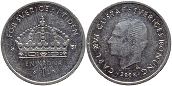 Швеция 1 крона 2008 Карл XVI Густав (1973- ) KM 894 медно-никель 85-511