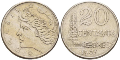 Бразилия 20 сентаво 1967 голова Свободы влево KM 579.1, Schon 84 медно-никель 4514-947