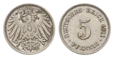 Германия 5 пфеннигов 1911 G, Вильгельм II (1888-1918) KM 11, J. 12 медно-никель 4636-245
