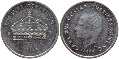 Швеция 1 крона 2008 Карл XVI Густав (1973- ) KM 894 медно-никель 85-511