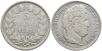 Франция 5 франков 1845 BB, Луи Филипп I (1830-1848) KM 749.3 серебро 4386-135