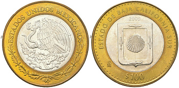 Мексика 100 песо 2005 180 лет Федерации - Южная Нижняя Калифорния KM 725 биметалл, серебро BU 00-1067-7-14