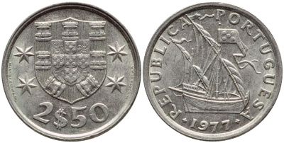 ПОРТУГАЛИЯ 2,5 ЭСКУДО 1977 ПАРУСНИК KM 590 медно-никель UNC 4396-149