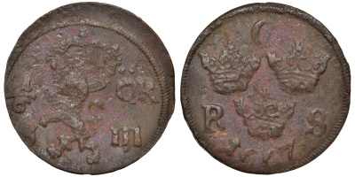 Швеция 1/6 эре 1667 S.m. Карл XI (1660-1697) KM 254 медь 4177-412