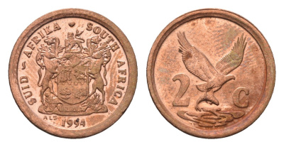 ЮАР 2 цента 1994 орел с рыбой KM 133 сталь плакированная медью UNC 4690-936