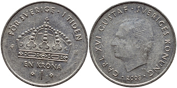 Швеция 1 крона 2003 Карл XVI Густав (1973- ) KM 894 медно-никель 3999-1215