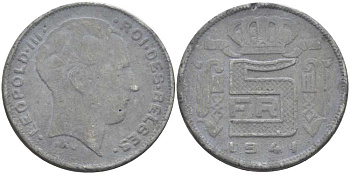 БЕЛЬГИЯ 5 ФРАНКОВ 1941 BELGES, ЛЕОПОЛЬД III (1934-1950) KM 129.1 цинк 119-654