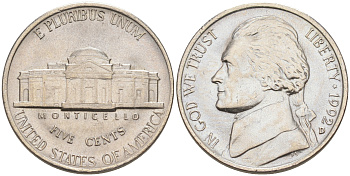 США 5 ЦЕНТОВ 1992 D, ДЖЕФФЕРСОН KM A192 медно-никель 190-147