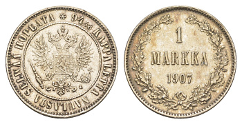 Россия для Финляндии 1 марка 1907 L, Николай II (1894-1917) Биткин 399 серебро 633-914