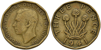 Великобритания 3 пенса 1941 Георг VI (1936-1952) KM 849, Spink 4113 никель латунь 4163-1013