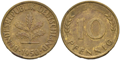 ФРГ 10 ПФЕННИГОВ 1950 J KM 103, J. 378 сталь плакированная латунью 4514-942