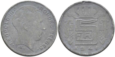 БЕЛЬГИЯ 5 ФРАНКОВ 1941 BELGES, ЛЕОПОЛЬД III (1934-1950) KM 129.1 цинк 119-654