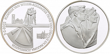 НИДЕРЛАНДЫ МЕДАЛЬ 2002 СВАДЬБА ВИЛЛЕМА АЛЕКСАНДРА ПРИНЦА НИДЕРЛАНДОВ И МАКСИМЫ, ВЕС 33 гр., диаметр 38мм. серебро PROOF 00-00