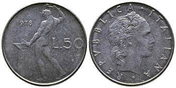 Италия 50 лир 1978 R, бог огня Вулкан у наковальни KM 95.1 нержавеющая сталь    4606-132