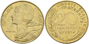Франция 20 сантимов 1981 тип Marianne KM 930, Le Franc 156.21 медь алюминий никель 4592-1047