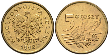 Польша 5 грошей 1992 MW KM 278 латунь 192-417