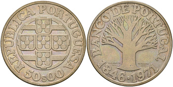Португалия 50 эскудо 1971 INCM, 125 лет Банку Португалии KM 601 серебро aUNC 4552-1124