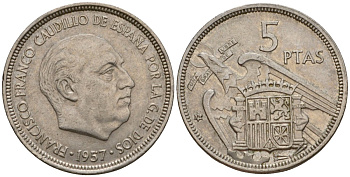 Испания 5 песет 1957 (74) Франсиско Франко (1939-1975) KM 786 медно-никель 186-746