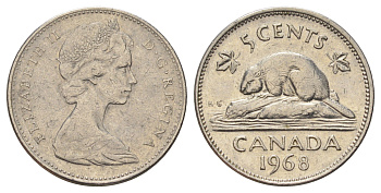 Канада 5 центов 1968 Елизавета II (1952-2022), бобр KM 60.1 никель 4689-356