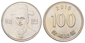 Южная Корея 100 вон 2015 KM 35 медно-никель UNC 4612-726