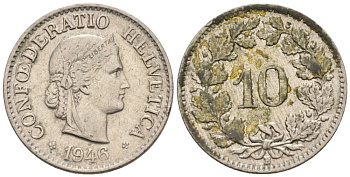 Швейцария 10 раппенов 1946 В KM 27 медно-никель 4576-944