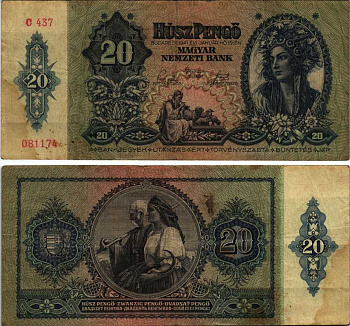 Венгрия 20 пенго 1941 девушка Pick 109 a бумага 7205-9-2-2