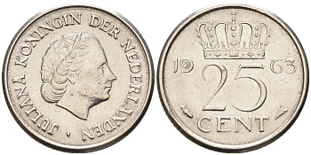 Нидерланды 25 центов 1963 Юлиана (1949-1980) KM 183 никель    4174-649