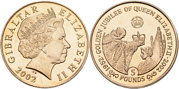 Гибралтар 5 фунтов 2002 50 лет коронации Елизаветы II (1952-2002) KM 1011 никель медь цинк 00-00