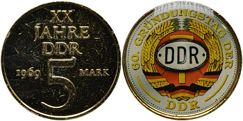 ГЕРМАНИЯ МЕДАЛЬ 2009 60 ЛЕТ ГДР, ЗОЛОЧЕНИЕ, ЦВЕТНАЯ ТЕРМОНАКЛЕЙКА НА 5 МАРКАХ 1969 ГОДА 20 ЛЕТ ГДР, С СЕРТИФИКАТОМ, тираж 5000 экз. медно-никель UNC 02-056-14