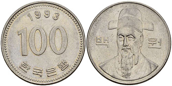Южная Корея 100 вон 1993 Ли-Сунсин, корейский флотоводец KM 35.2 медно-никель 4511-947