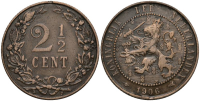 НИДЕРЛАНДЫ 2 1/2 ЦЕНТА 1906 ВИЛЬГЕЛЬМИНА I (1890-1948) KM 134 бронза 27-336