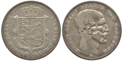 Брауншвейг-Каленберг-Ганновер 1 талер 1851 B, Эрнст Август (1837-1851) КМ 209.2, Jaeger 63, Kahnt 224, AKS 134 серебро 00-807-33