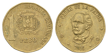 Доминиканская Республика (Доминикана) 1 песо 2000 Хуан Пабло Дуарте KM 80.2 латунь 4663-917