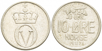 НОРВЕГИЯ 10 ЭРЕ 1971 ПЧЕЛА, ОЛАВ V (1957-1991) КМ 411 медно-никель 3955-228