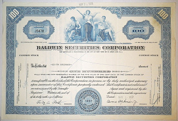 США 100 акций 1957 Baldwin Securities Corporation бумага 8805-51-1