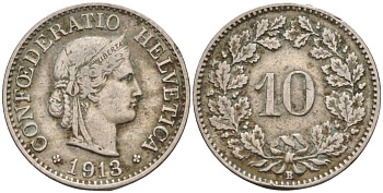 Швейцария 10 раппенов 1913 KM 27 медно-никель 4596-457