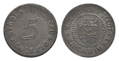 Кирххайм-унтер-Текк 5 пфеннигов 1917 Funck 244.3, Men05 13122.3, Men18 16448.3 железо 4639-126