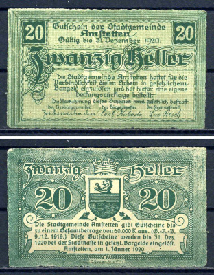 Амштеттен (Австрия) 20 геллеров 1920 бумага UNC (пресс) 7556-35-1-1