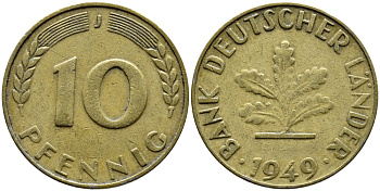 ФРГ 10 ПФЕННИГОВ 1949 J KM 103, J.378 сталь плакированная латунью 73-1124