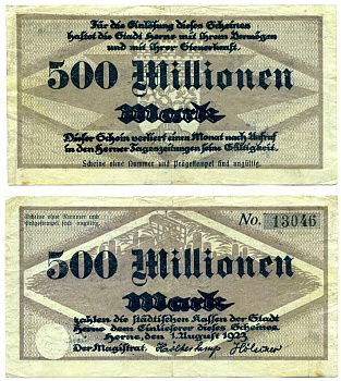 ХЕРНЕ 500000000 марок (500 миллионов) 1923 1 августа 1923, нотгельд, земля Северный Рейн-Вестфалия, ВЫСОТА НОМЕРА 5 мм. Keller 2339d бумага 2193-28-2-2