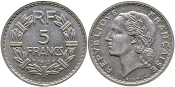 ФРАНЦИЯ 5 ФРАНКОВ 1935 KM 888 никель 4381-1011