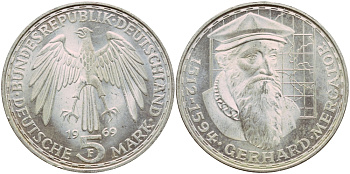 ФРГ 5 марок 1969 F, 375 лет со дня смерти Герарда Меркатора J. 400, KM 126.1 серебро aUNC 1529-225